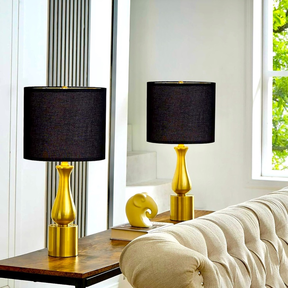 NIB Set of 2 Gold Finish Brass Corded Table Lamps with Black Linen Shades